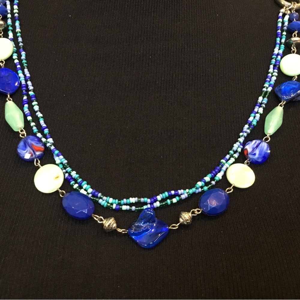 Multi-Strand Teals Blues Bead and Glass Crystal Statement Necklace